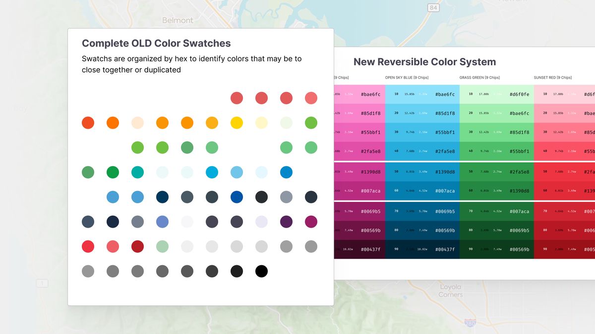 grouping of colors, showing the old unorganized Roadtrippers color palette with the new organized color system